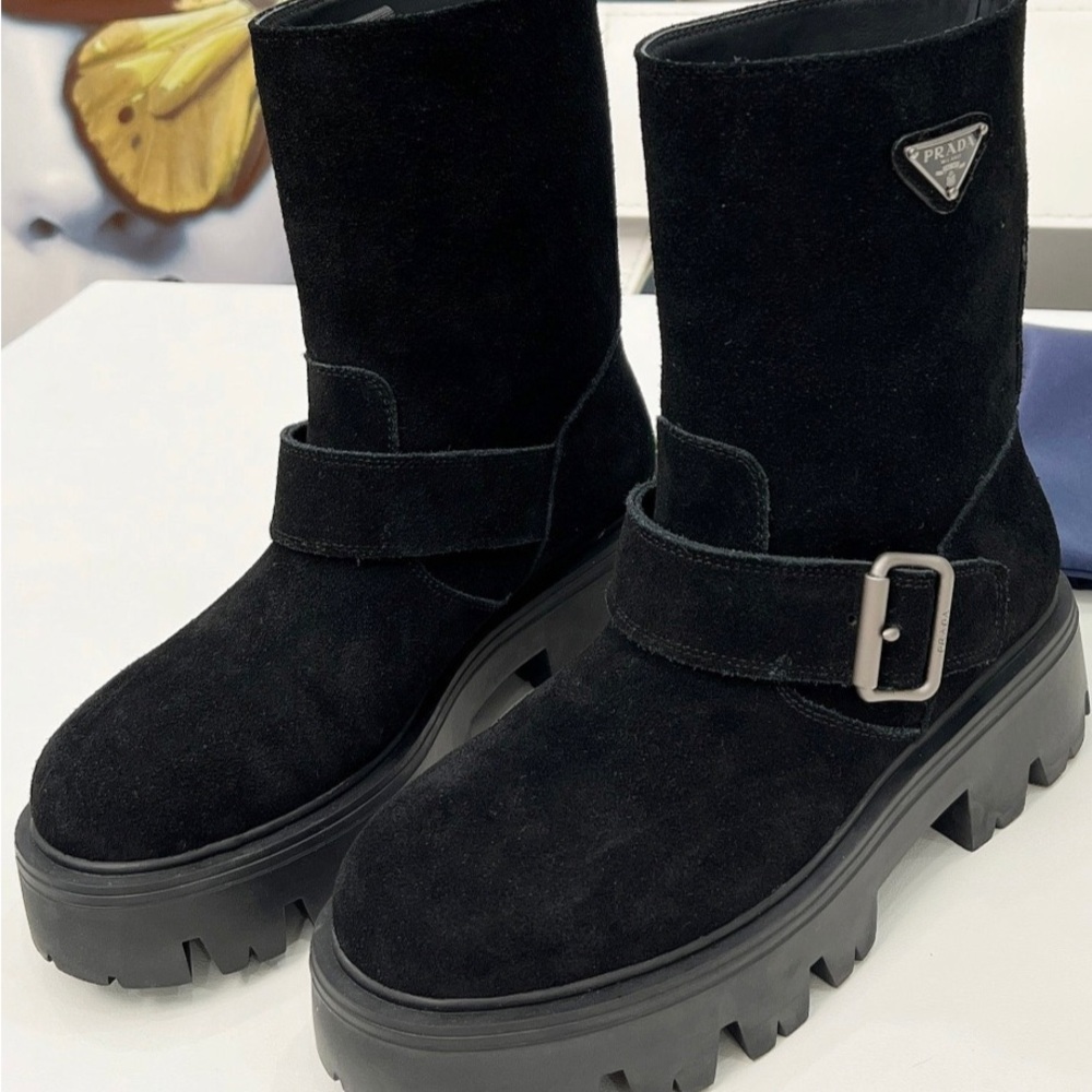 Women's Prada Black Suede Triangle Logo Buckle Chunky Platform Mid-Calf Boots